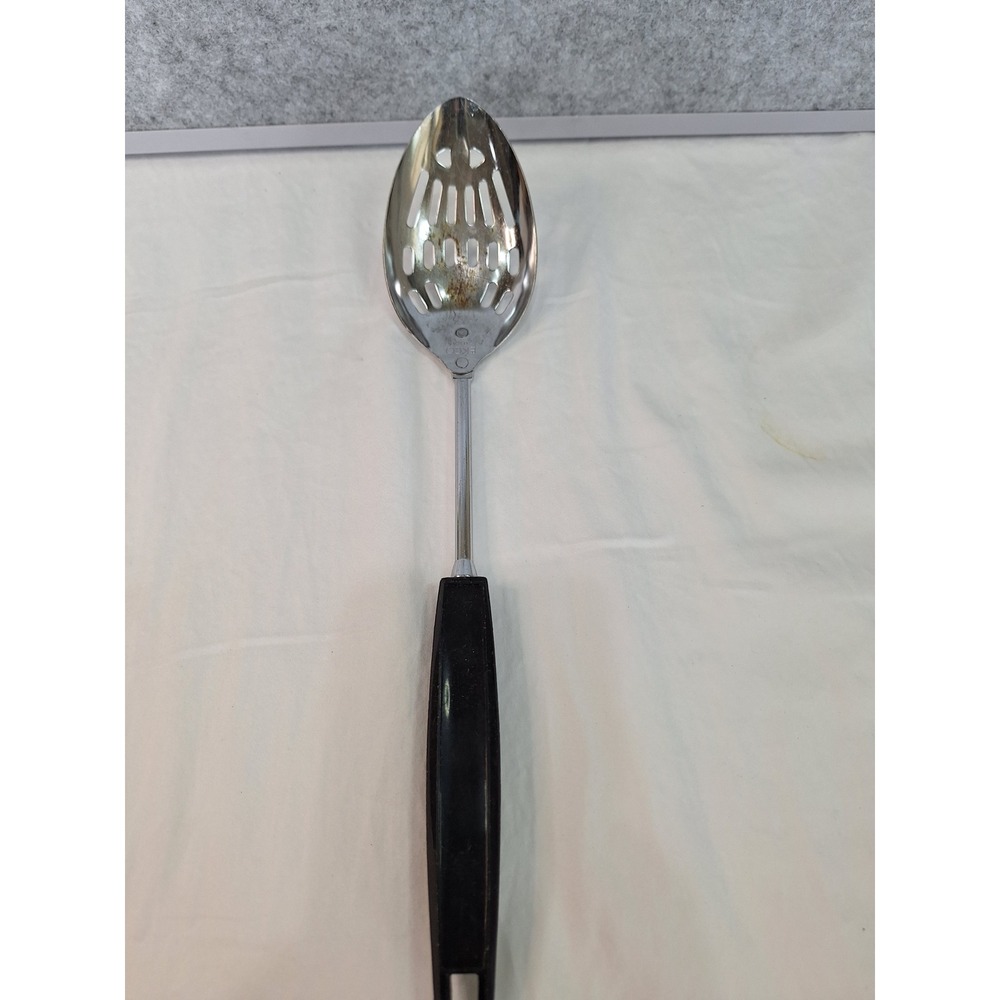 Vintage EKCO USA Slotted Spoon Stainless Steel Black Handle Kitchen Utensil 12in